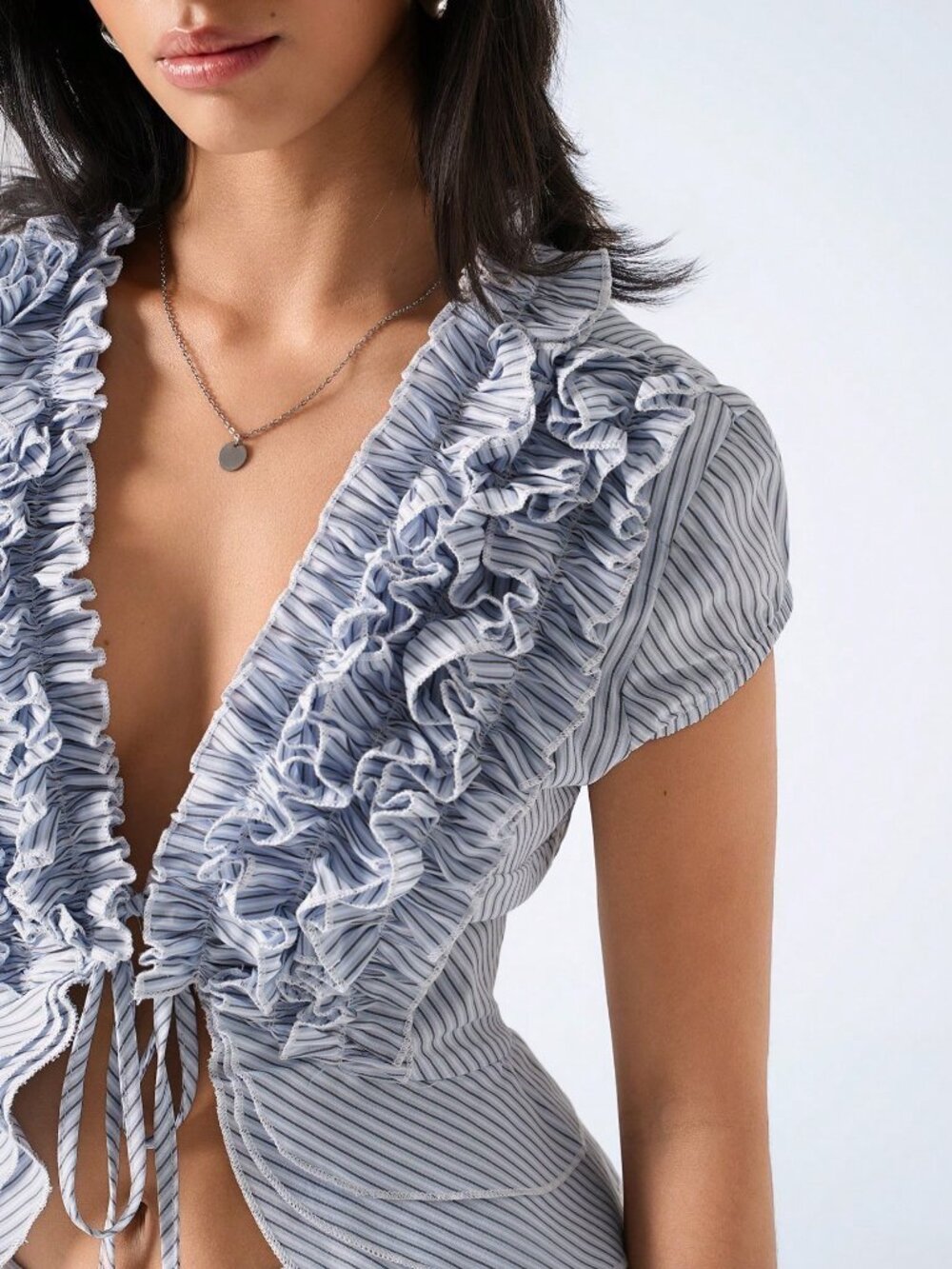 Baby Blue Casual Women's Minimalism Striped Ruffle Tie Front Blouse - Picture 6 of 6